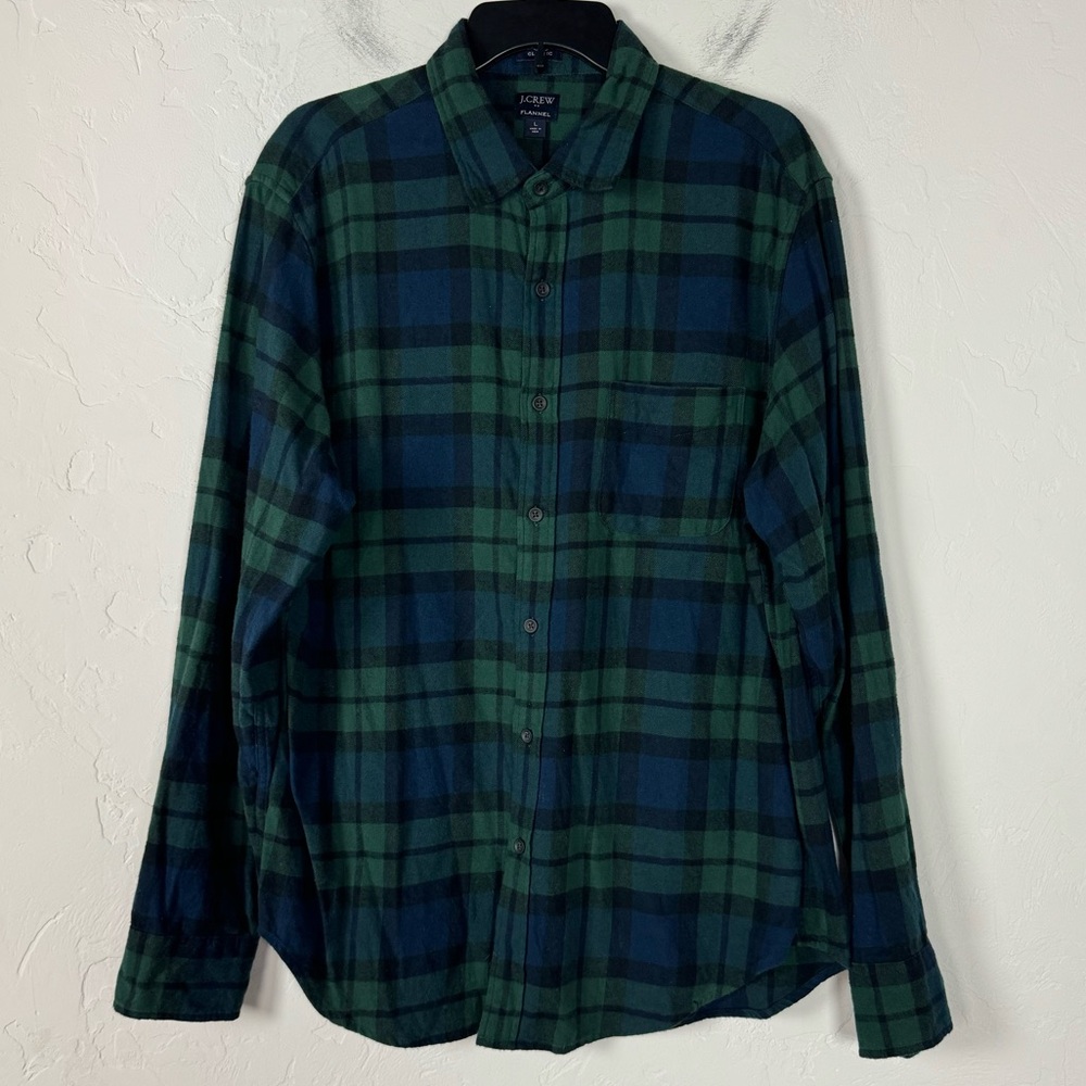 J Crew Shirt Knit Top Button Down Flannel Classic Fit Plaid Print‎ Navy Green